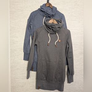 Bundle Set Of 2 Naketano Cowl Neck Tunic Hoodies Grey Blue Medium
